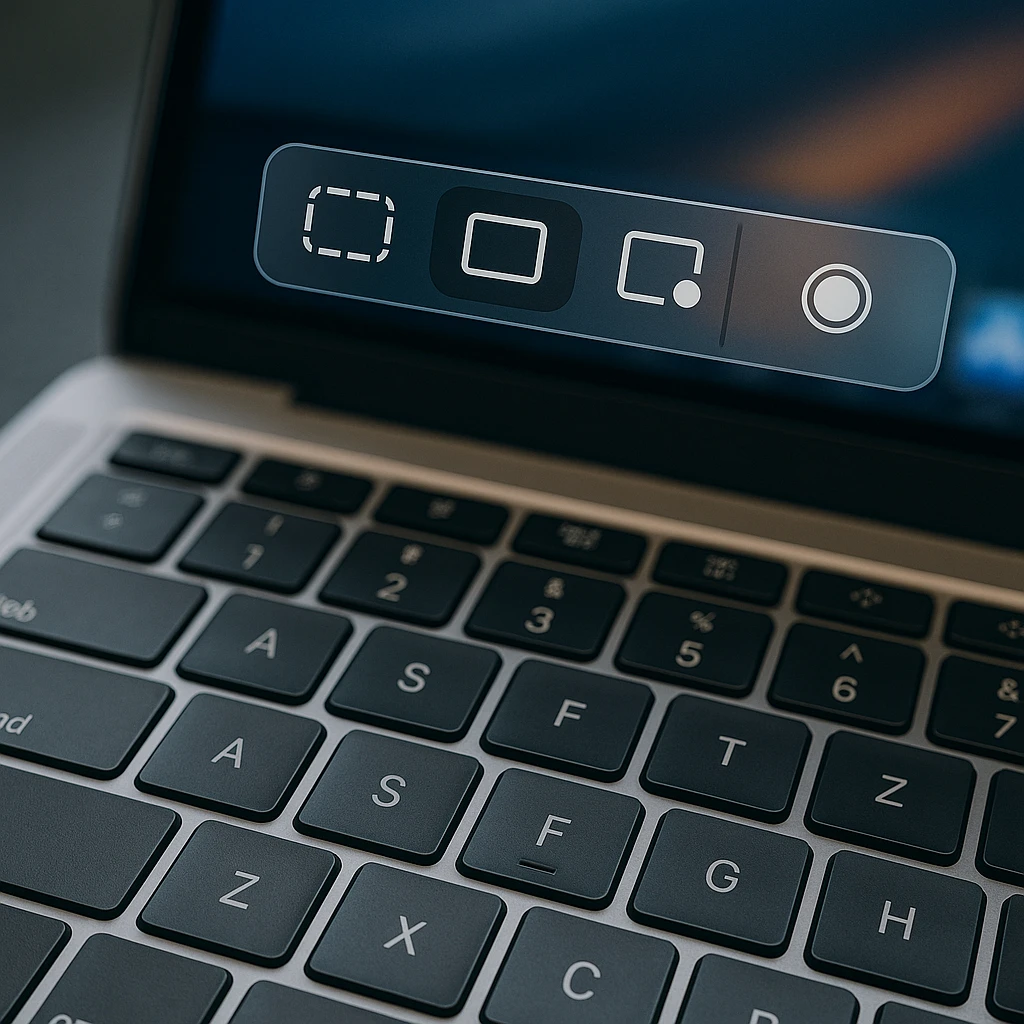 Close-up of Mac keyboard showing Command+Shift+5 shortcut keys with screen recording toolbar displayed