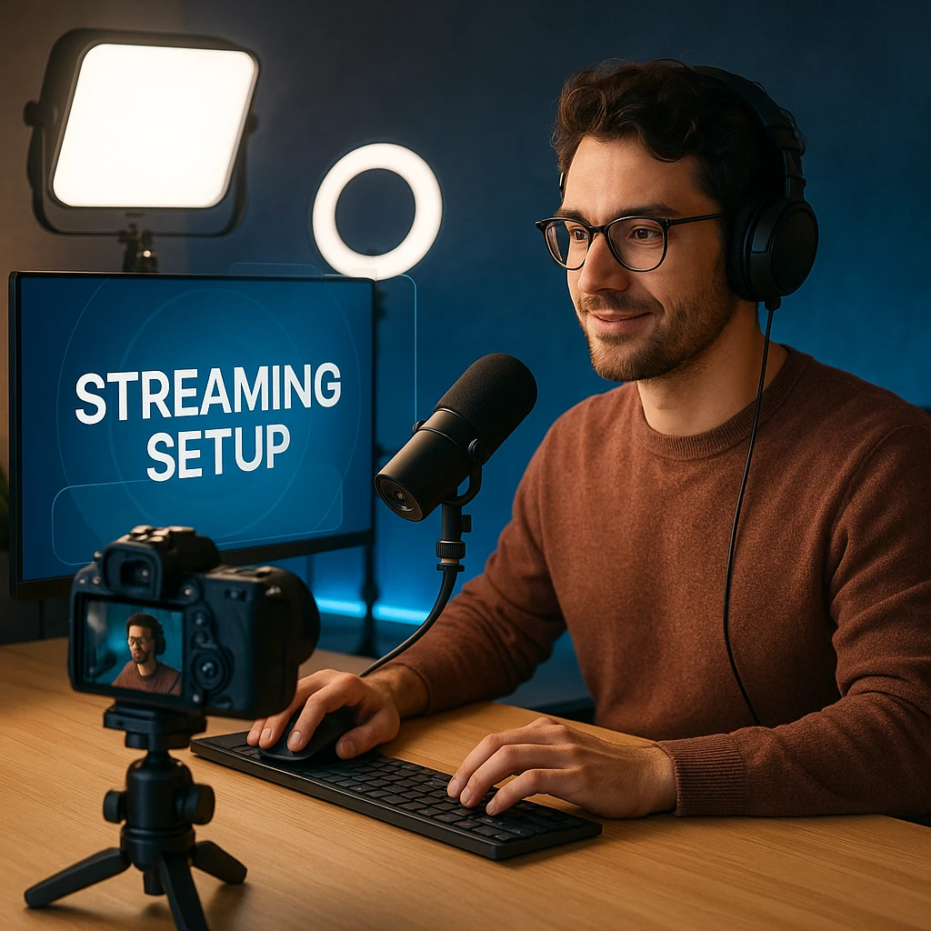 modern streaming setup with professional lighting and camera