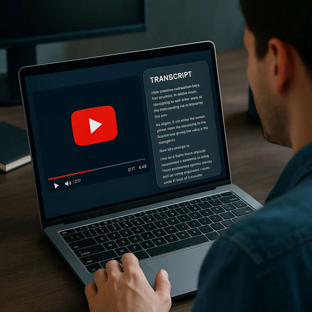 Person watching YouTube video on laptop with transcript text appearing on screen