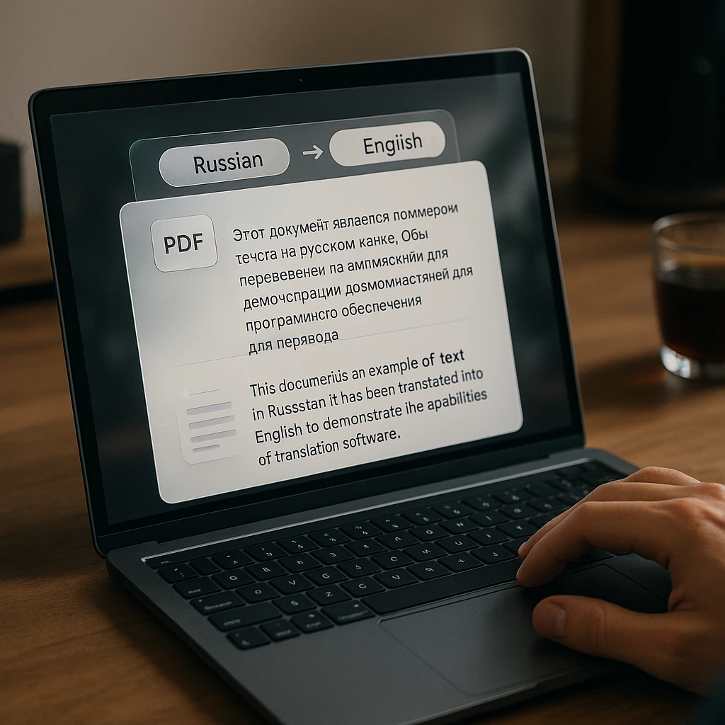 Person using smartphone voice translation app with Russian audio waveforms and English text output displayed on screen