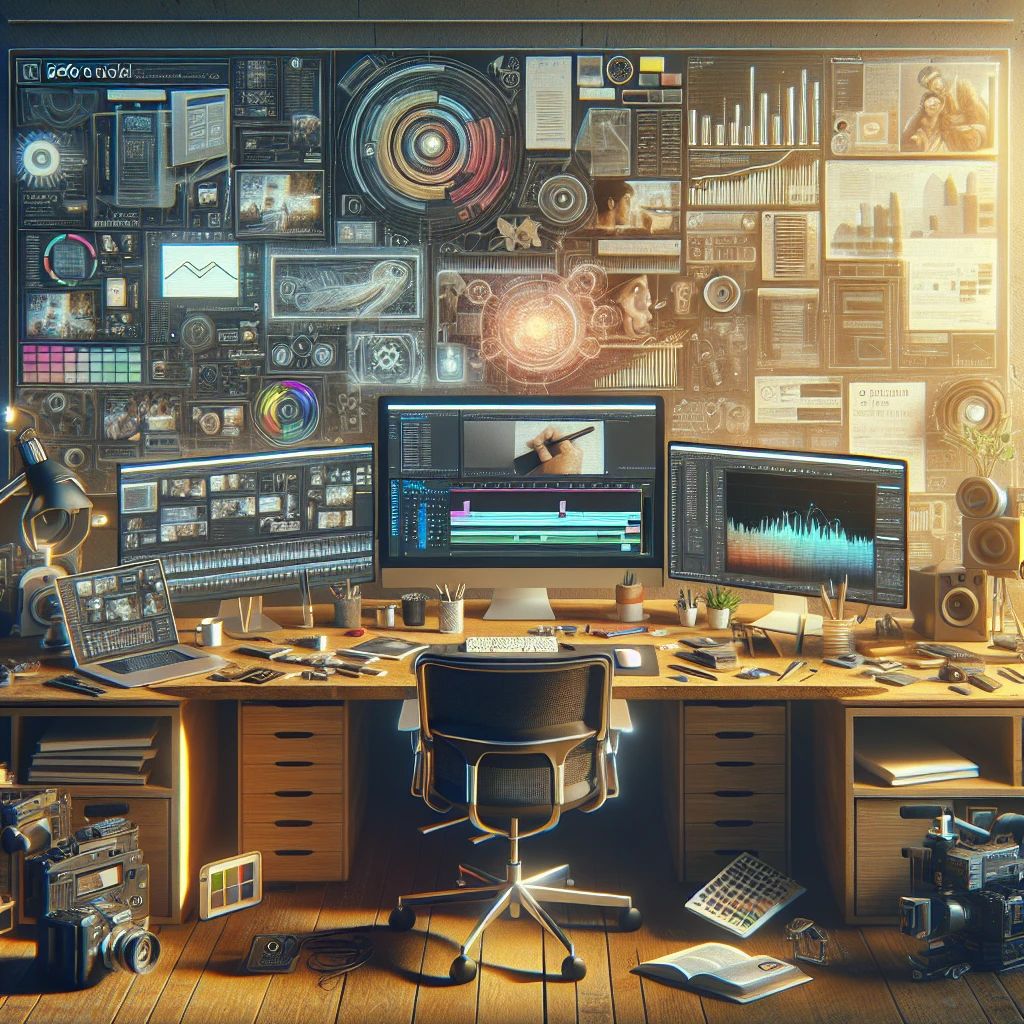 Modern content creator workspace showing video editing software, transcription tools, and AI writing interfaces arranged on multiple monitors