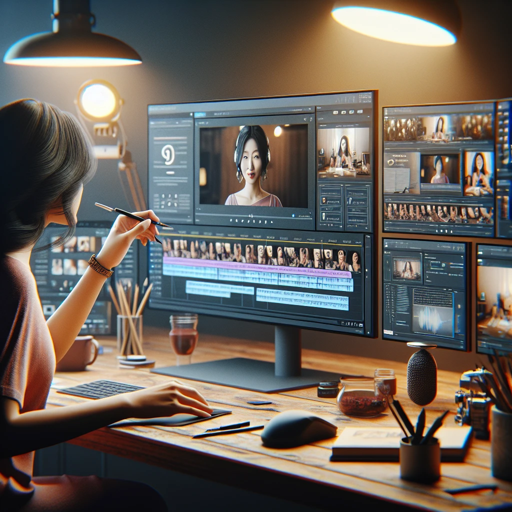 Content creator using AI tools to convert video transcripts into well-structured blog posts with multiple screens showing transcription, editing, and writing interfaces