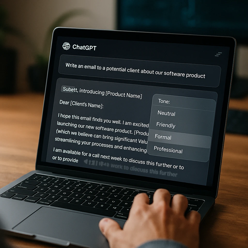 ChatGPT interface showing email composition with prompt engineering and various tone options for professional communication