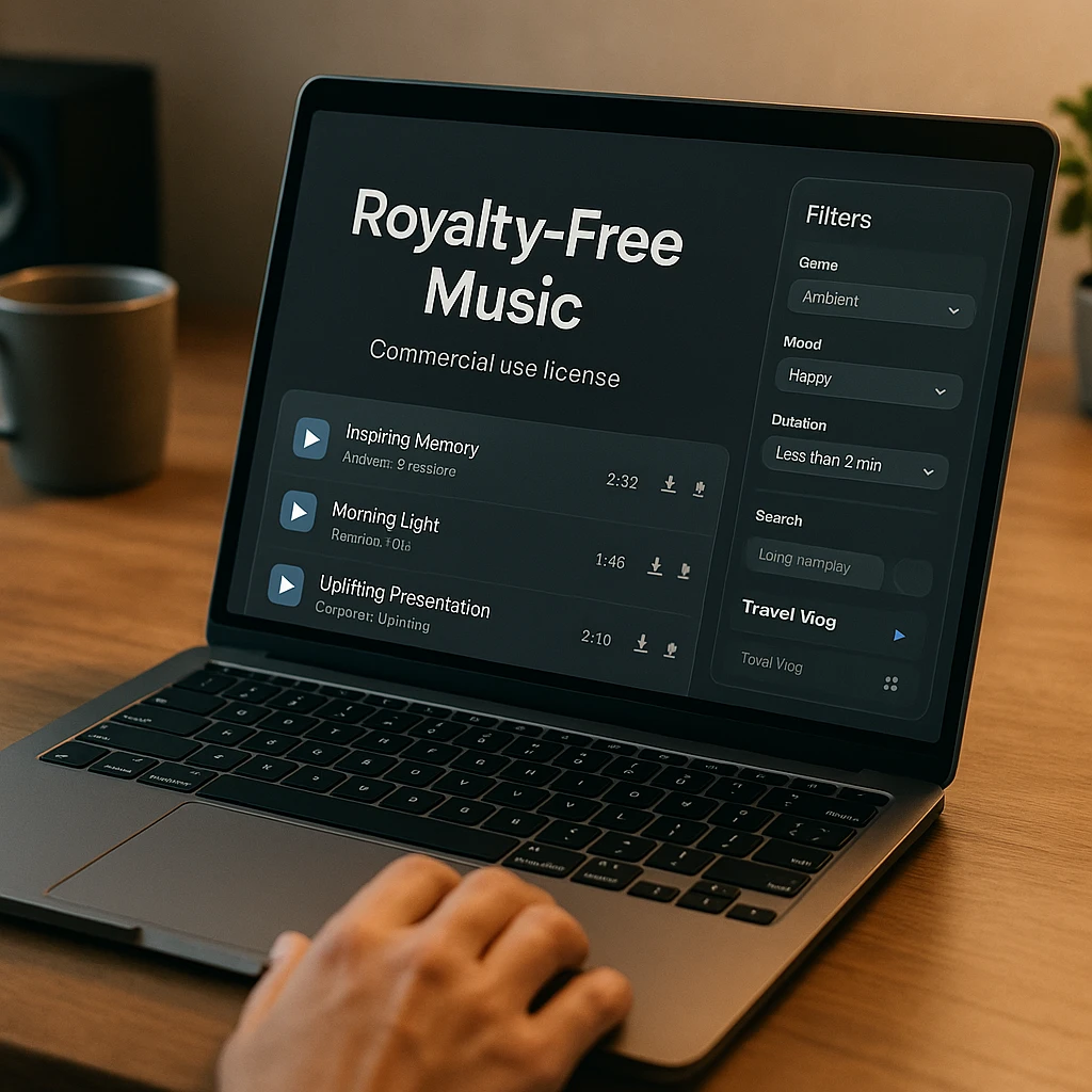 Professional laptop displaying royalty-free music dashboard with commercial use licensing and track filters interface
