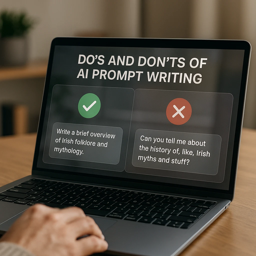 A clear visual showing the do's and don'ts of AI prompt writing, with a checkmark for good practices and a cross for mistakes