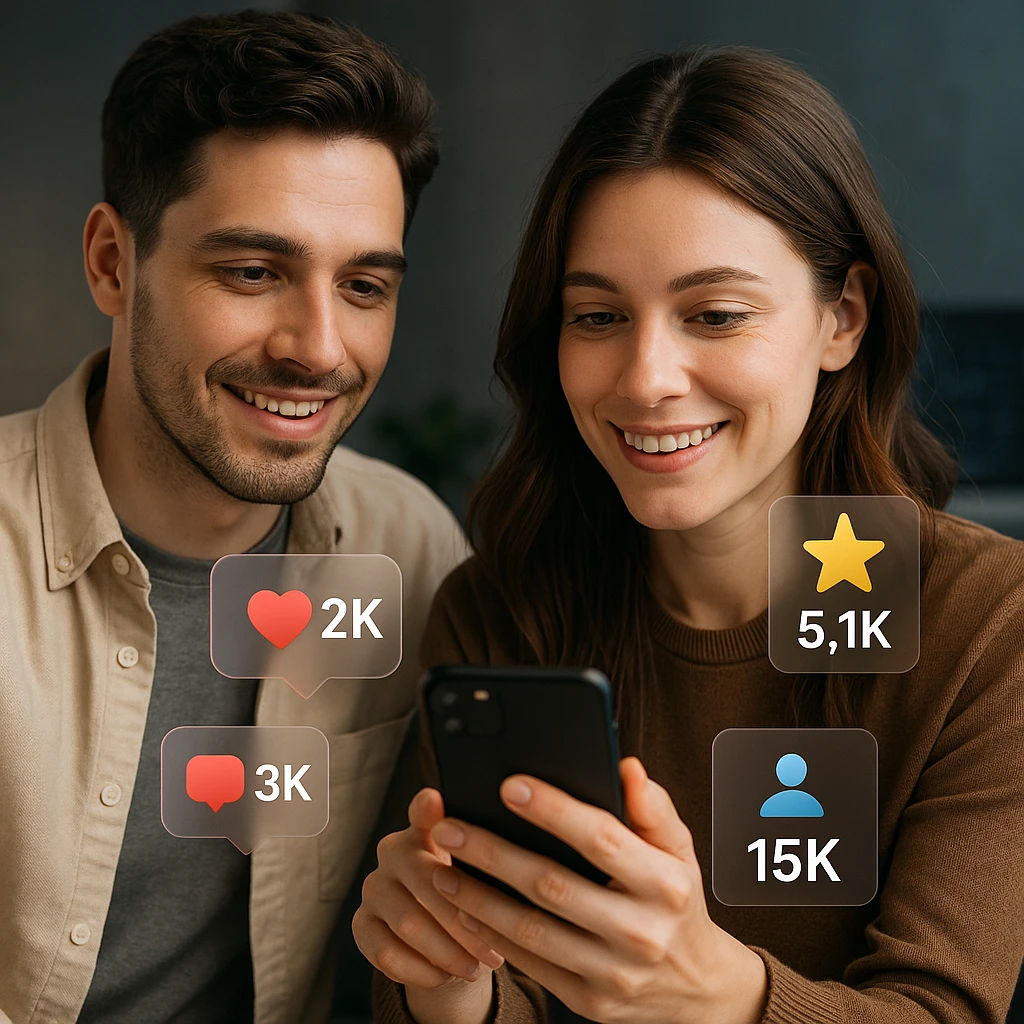 Content creators using smartphones with viral engagement metrics floating around them