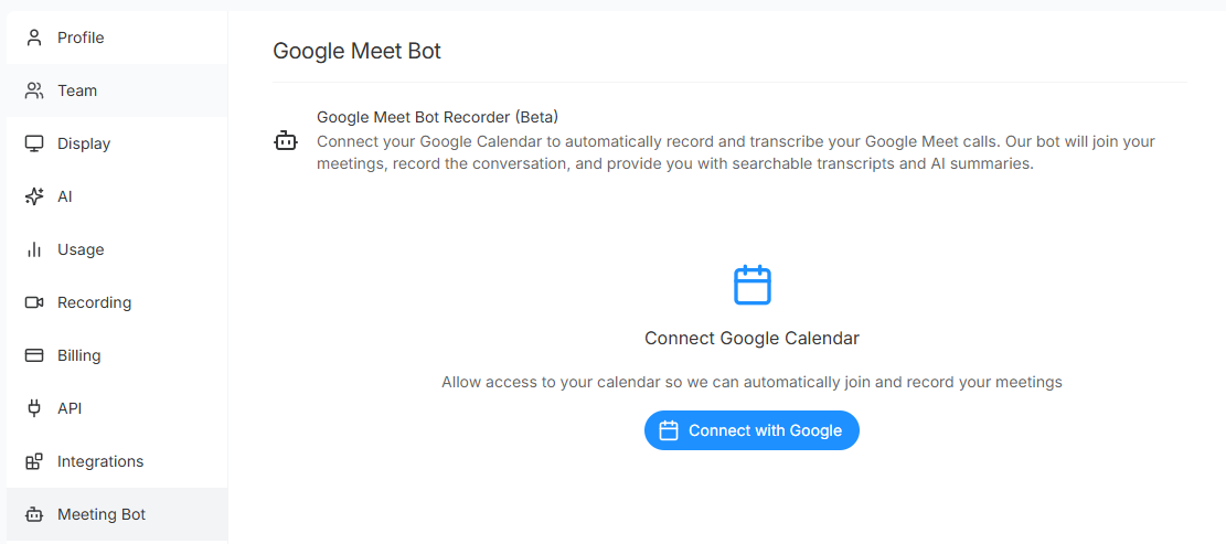 Google Meet Integration Settings