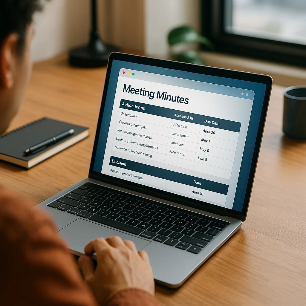 Clean, organized meeting minutes template displayed on laptop screen showing action items and decision tracking