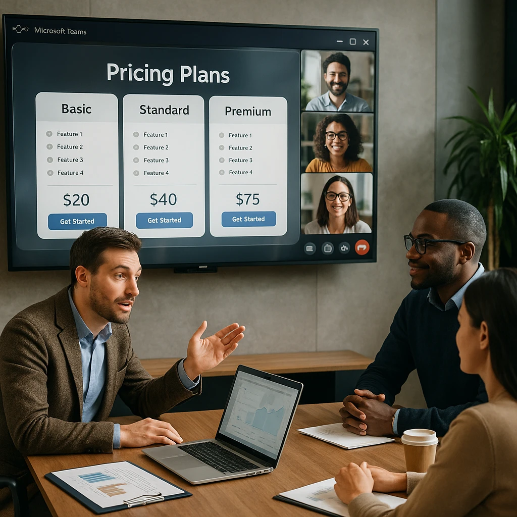 Modern business meeting with Microsoft Teams interface on screen showing pricing plans comparison