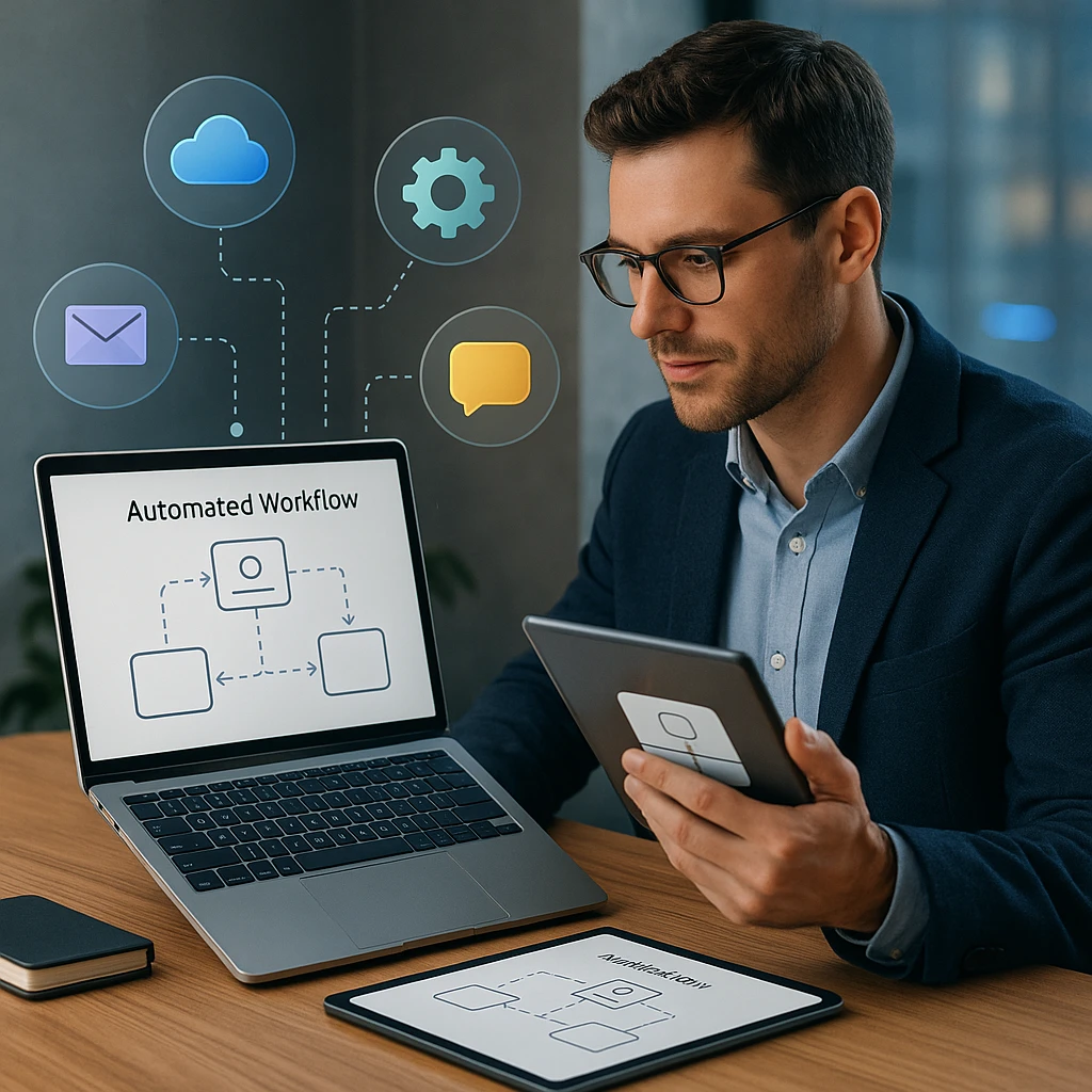 Business professional configuring automated workflows on multiple devices with integration icons floating around