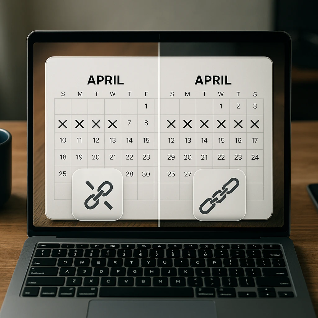 Split screen showing a broken chain calendar versus a strong unbroken chain of X marks demonstrating the visual power of the Seinfeld method