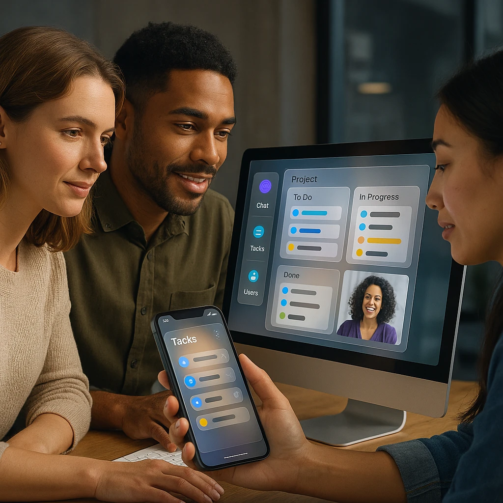 AI assistants in chat apps, glassmorphic, modern, Slack vs Teams