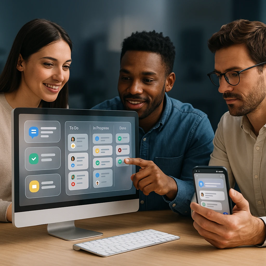 Team using collaboration tools on desktop and mobile, glassmorphic, modern