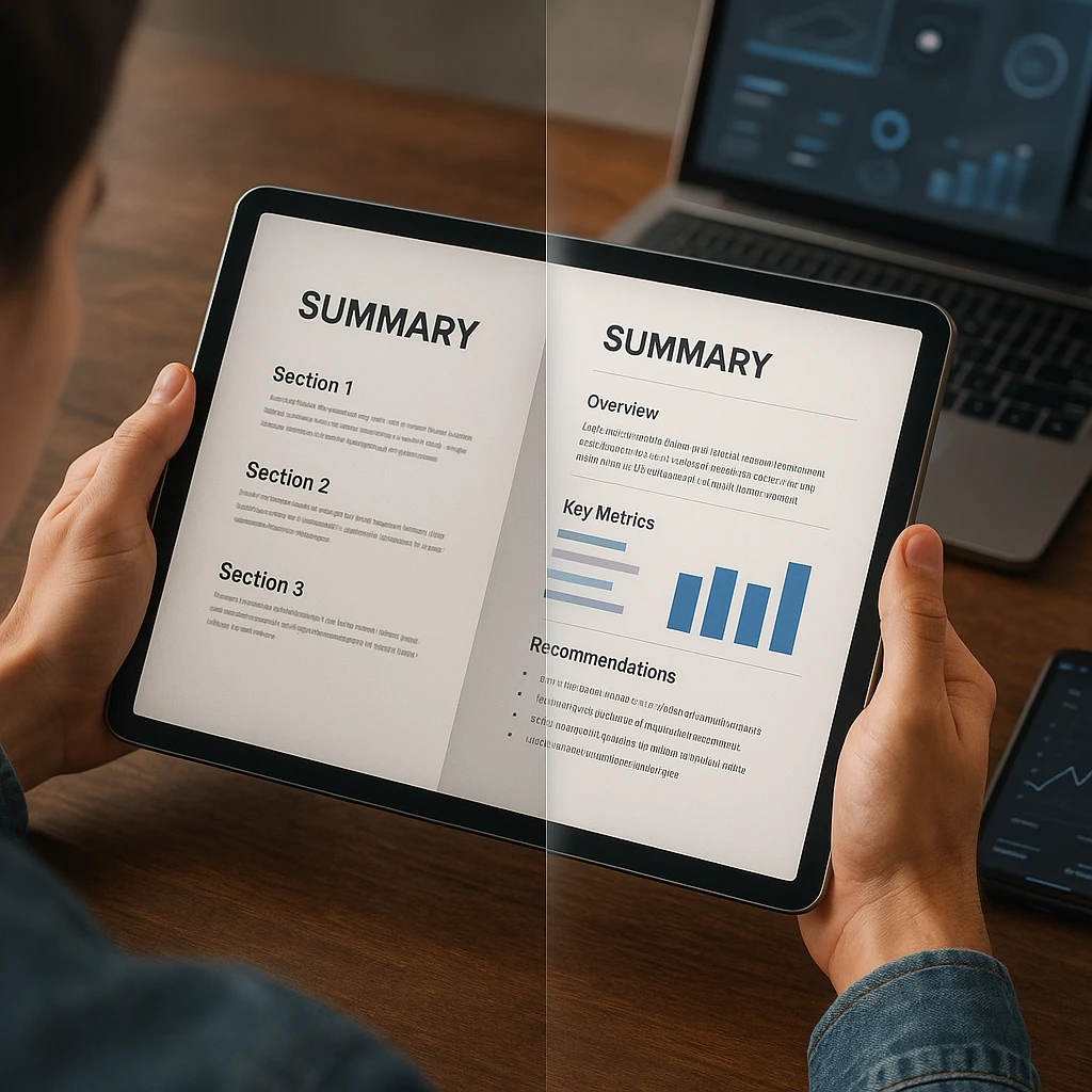 Split screen showing a poorly formatted summary report versus a well-structured professional summary report with clear sections and visual elements