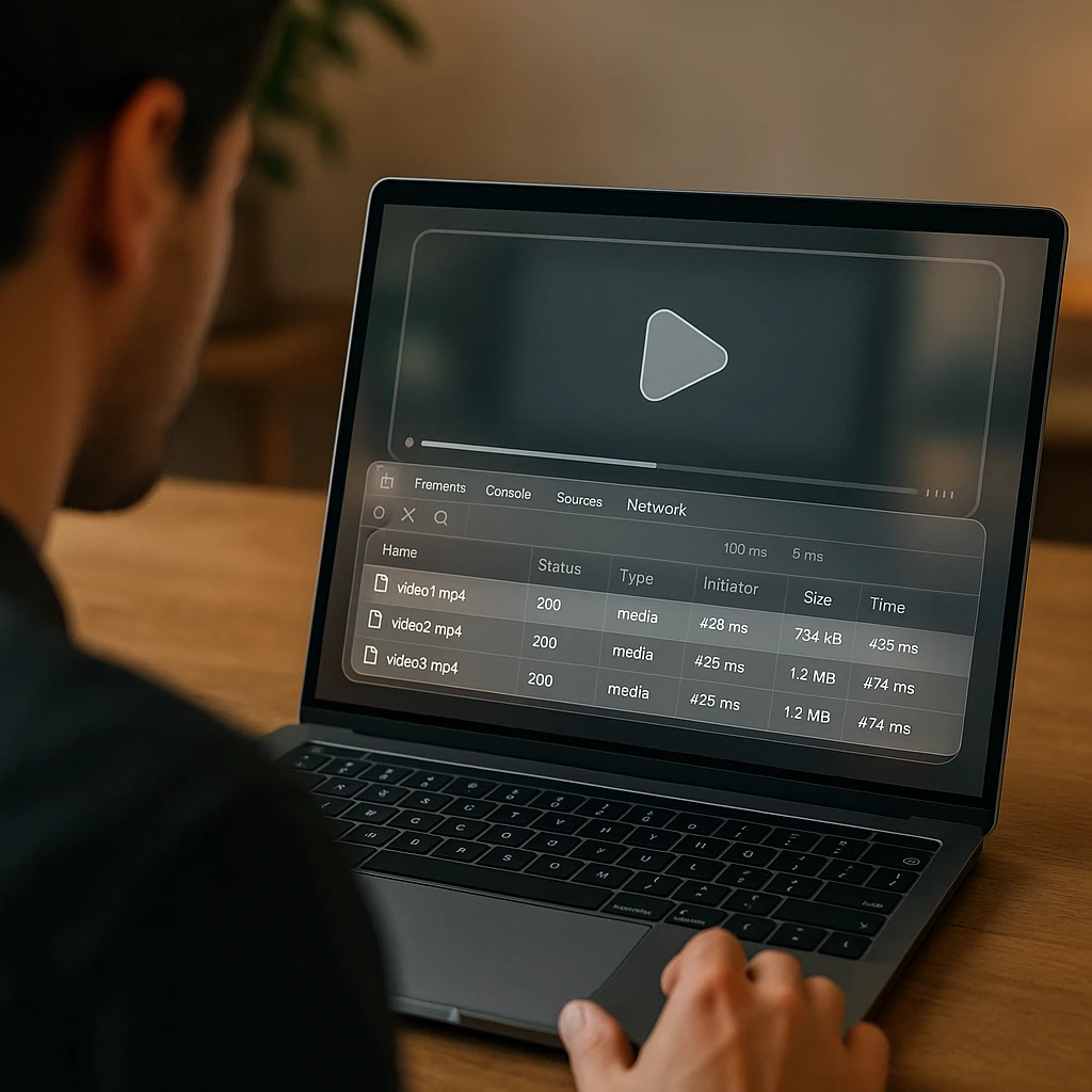 A person using browser developer tools to inspect network requests for video files, showing technical interface with modern glassmorphic design
