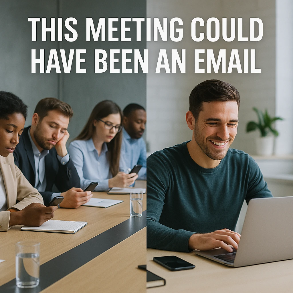 Split screen showing contrast between boring meeting room and happy person reading email