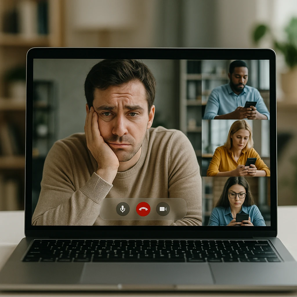Person looking frustrated and bored in video call meeting