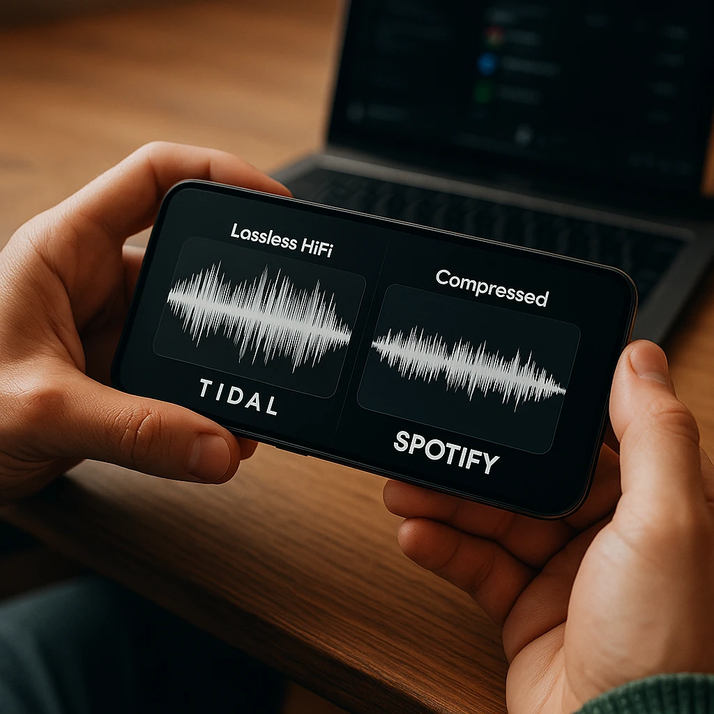 Side-by-side comparison of audio waveforms showing Tidal's lossless HiFi quality versus Spotify's compressed audio, highlighting the difference in detail and dynamic range