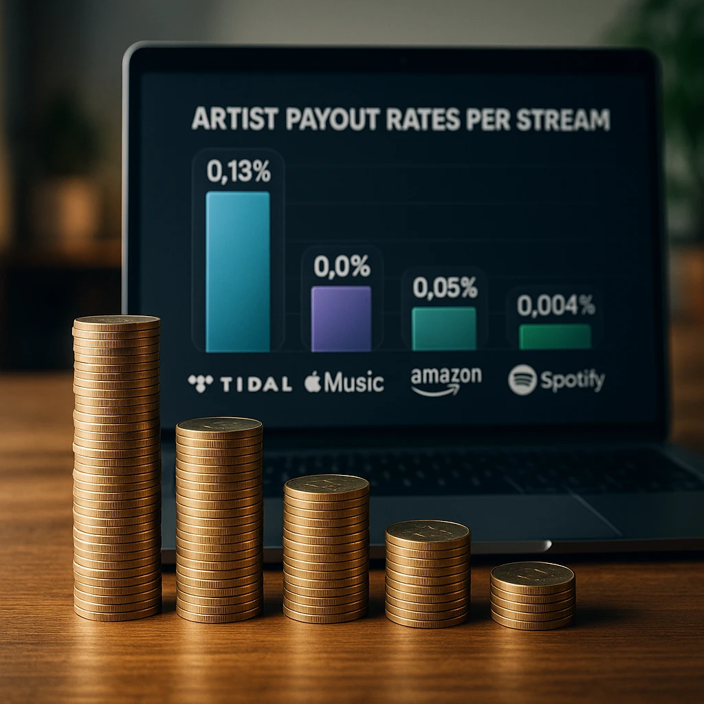 Visual comparison chart showing artist payout rates across streaming platforms, with Tidal leading at $0.013 per stream versus Spotify's $0.004, displayed with stacked coins and percentage bars