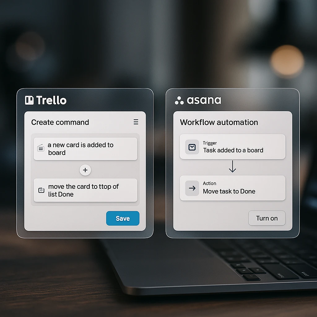 A side-by-side comparison of Trello Butler and Asana Rules automation interfaces