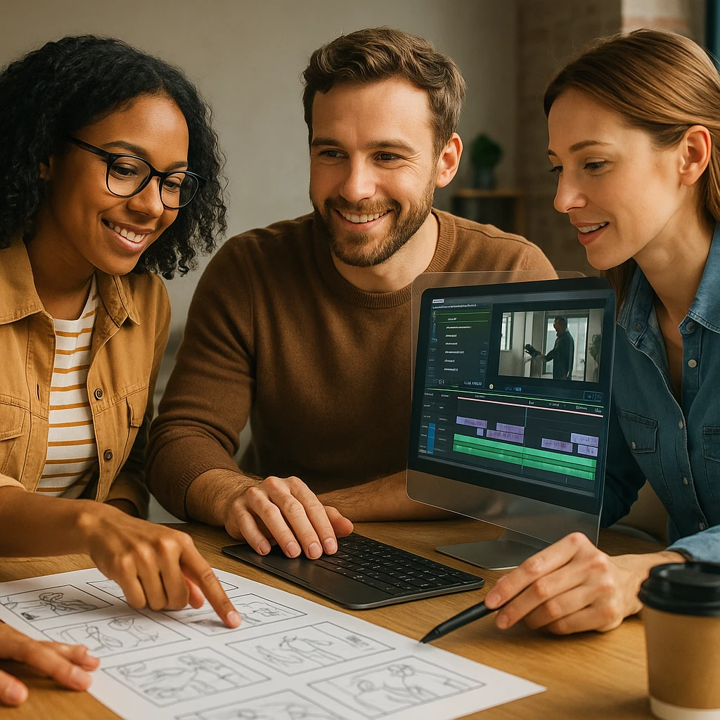 Creative team collaborating on video project with storyboard and editing timeline, showing workflow optimization and team coordination