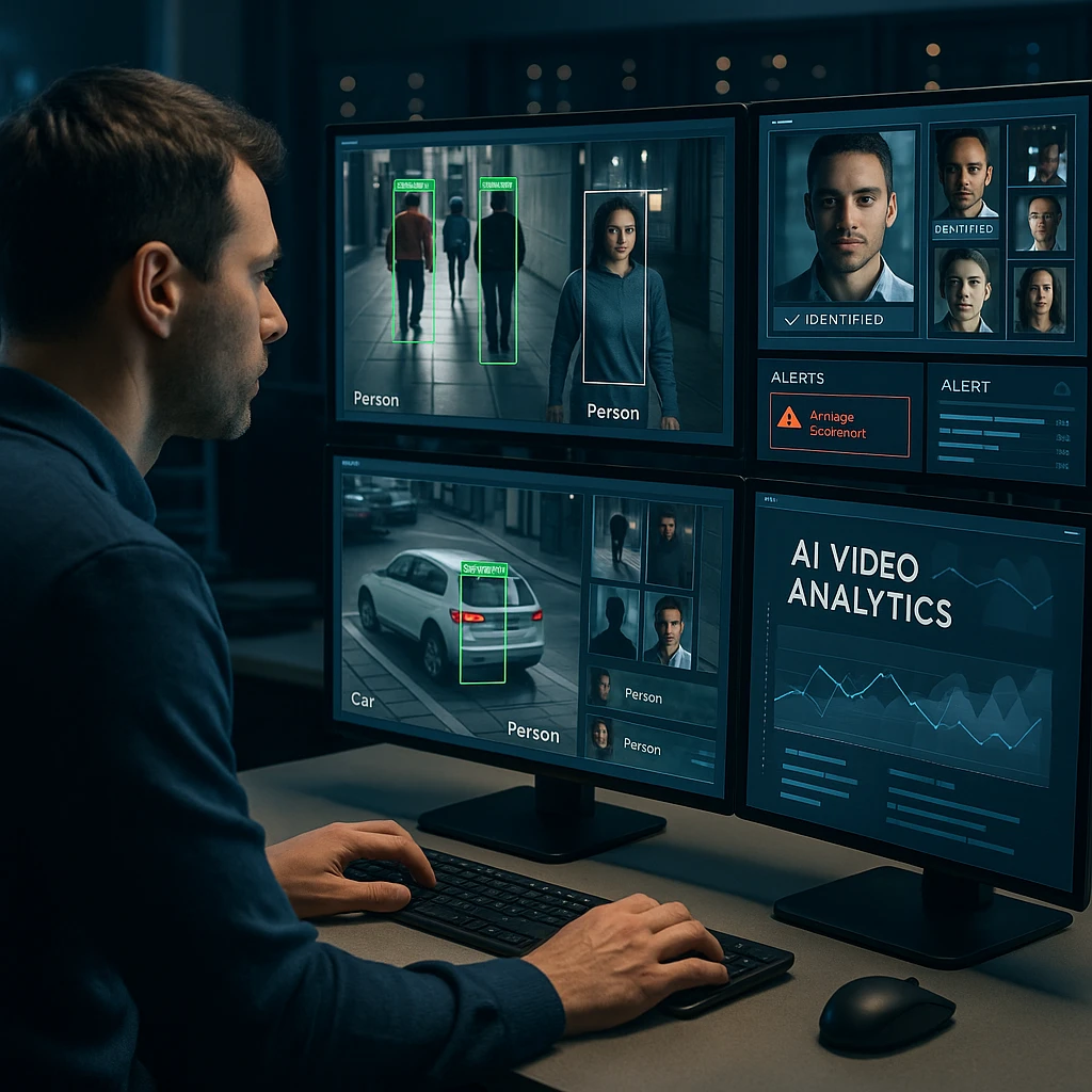 An advanced security operations center showing multiple screens with AI video analytics in action, displaying object detection boxes, facial recognition, and real-time alerts