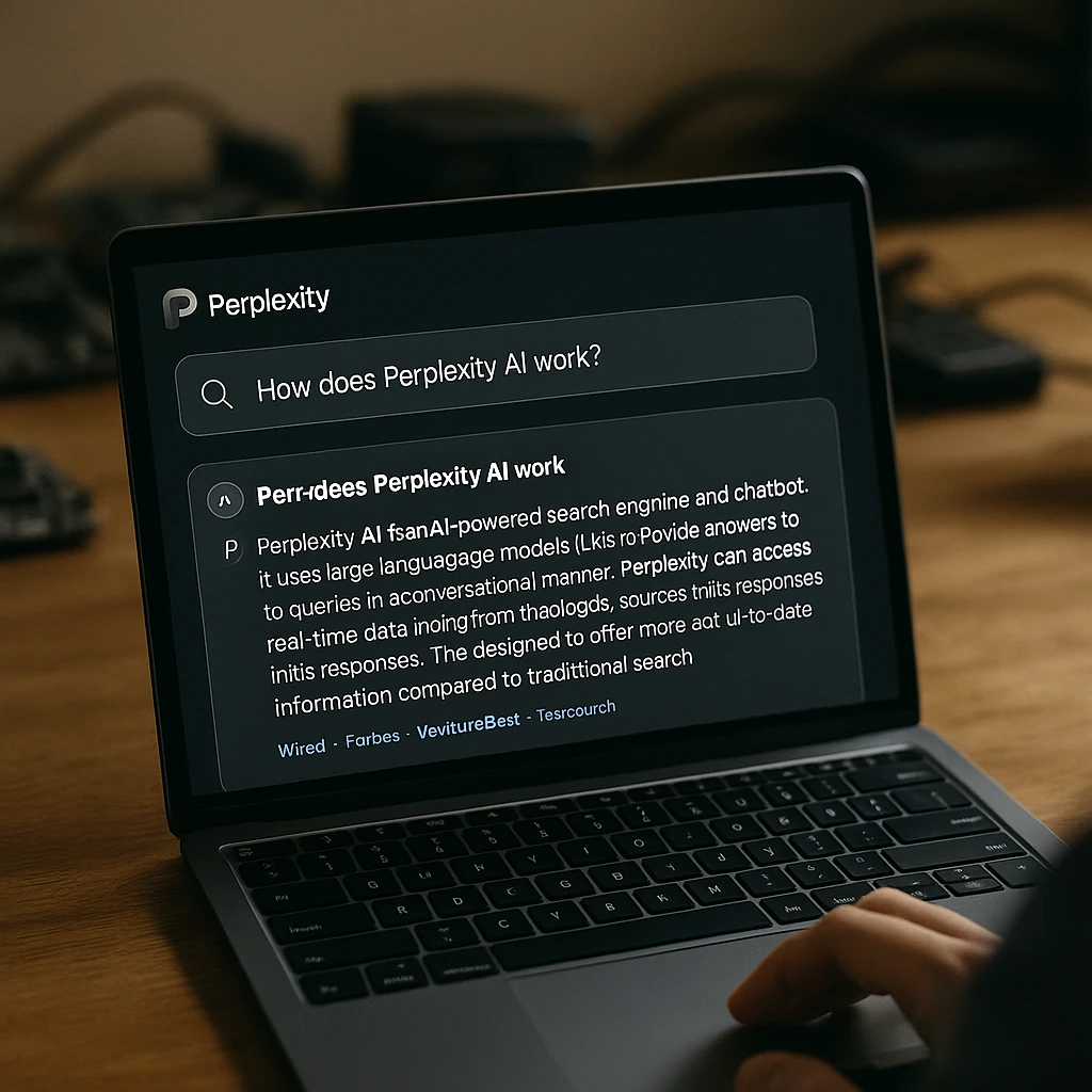 Perplexity AI search interface showing conversational query and cited results