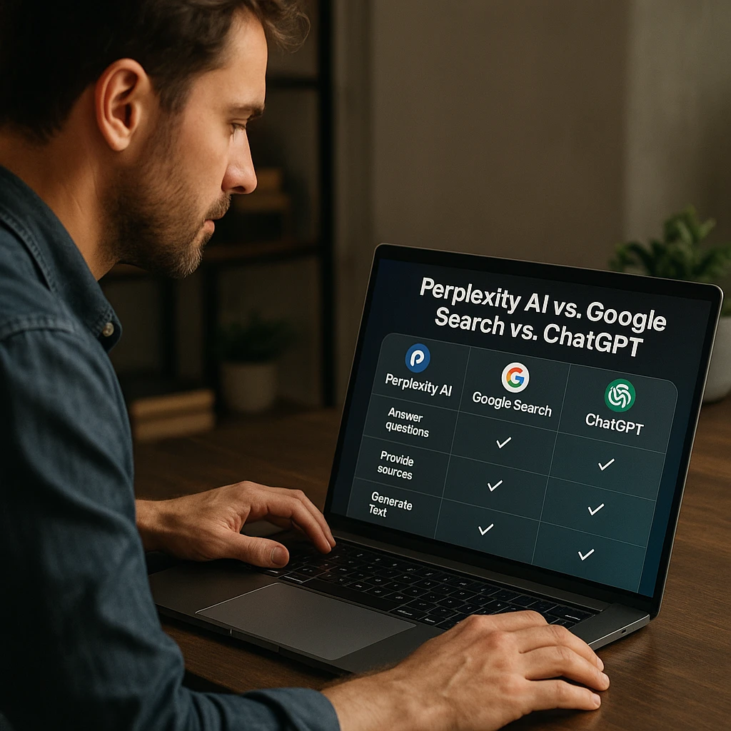 Comparison chart showing Perplexity AI vs Google Search vs ChatGPT features